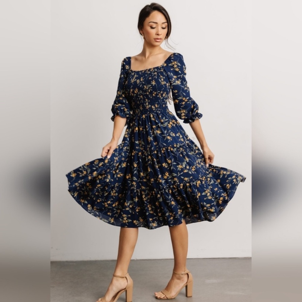 Baltic Born Marta Smocked Midi Dress Navy Floral Puff Sleeve Layered 2X